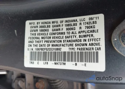 2012 Honda Civic Lx из США, поврежденный, VIN 19XFB2F52CE310892